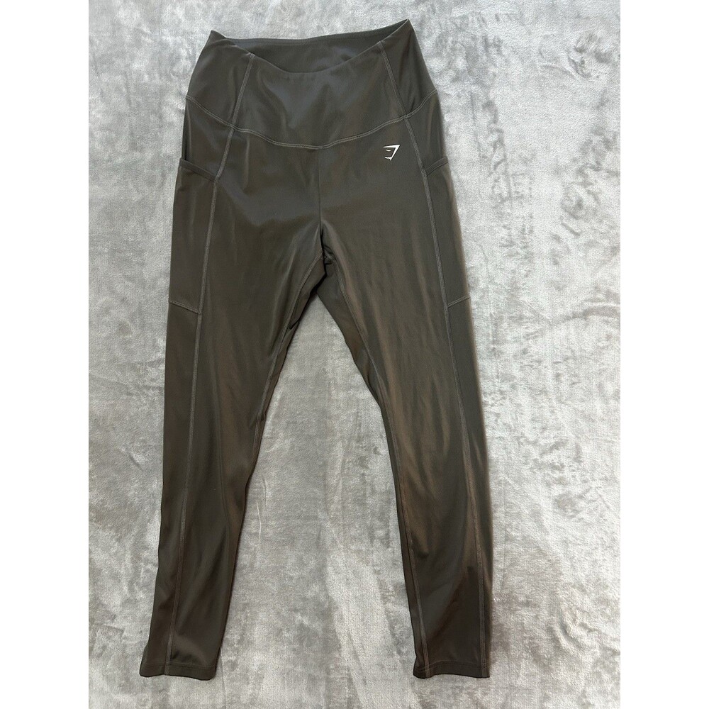 GYMSHARK Women’s Size Medium Olive Green Leggings Pants Side Stash Pockets  GUC